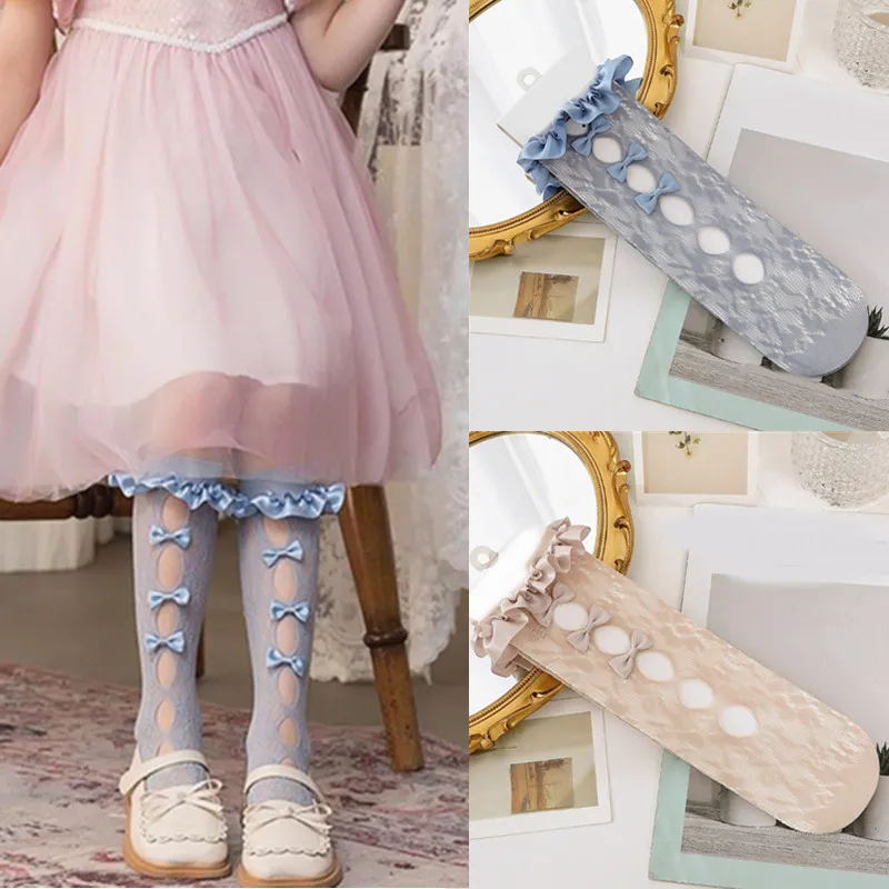 1 Pair New Hollow Out Lace Children Girls Stockings Cute Bowkot Mesh Knee High Tights for 3-12 Years Teen Girls Ballet Socks