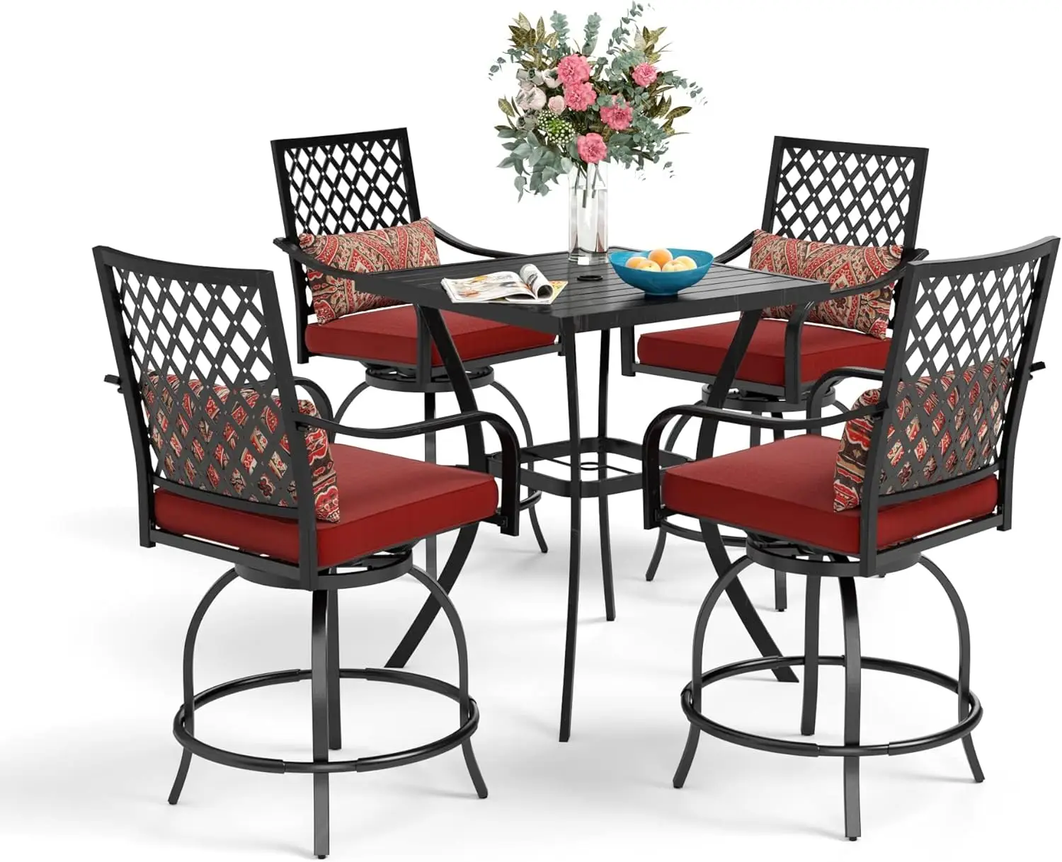 

Patio Bar Set Outdoor High Dining Set with Swivel Bar Stools with Cushion and Square Bar Height Table with Umbrella Hole