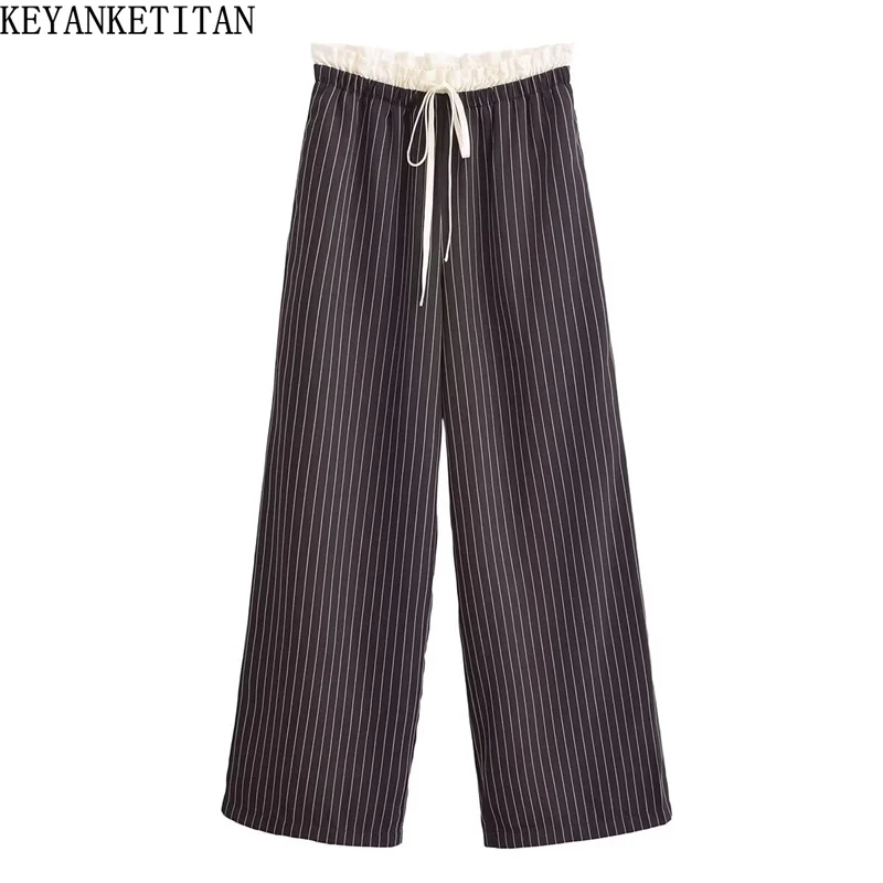 

KEYANKETIAN 2024 New Launch Women Striped Wide-leg Pants Street style Seam Detail Drawstring Elastic Waist Loose Casual Trousers