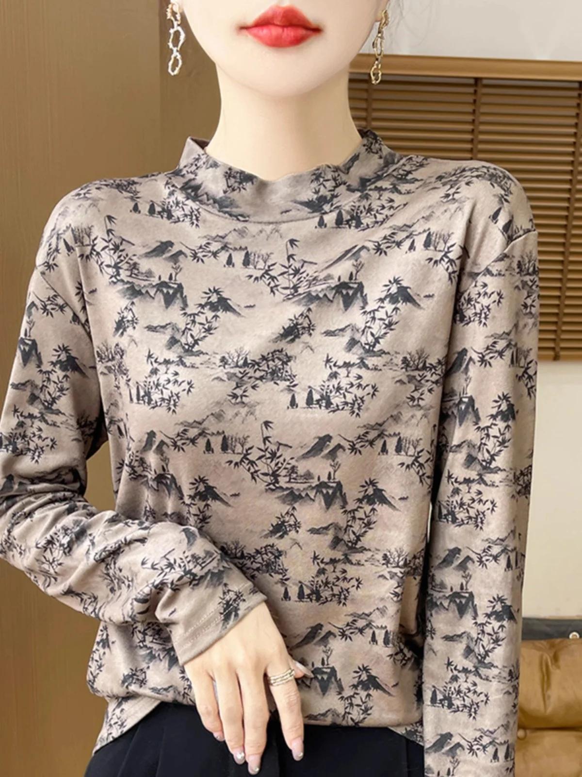 

Autumn Winter Women's Faionable Printed f High Collar Sweater Thermal Base Layer Top Dervo Material Long Sve Knitwear