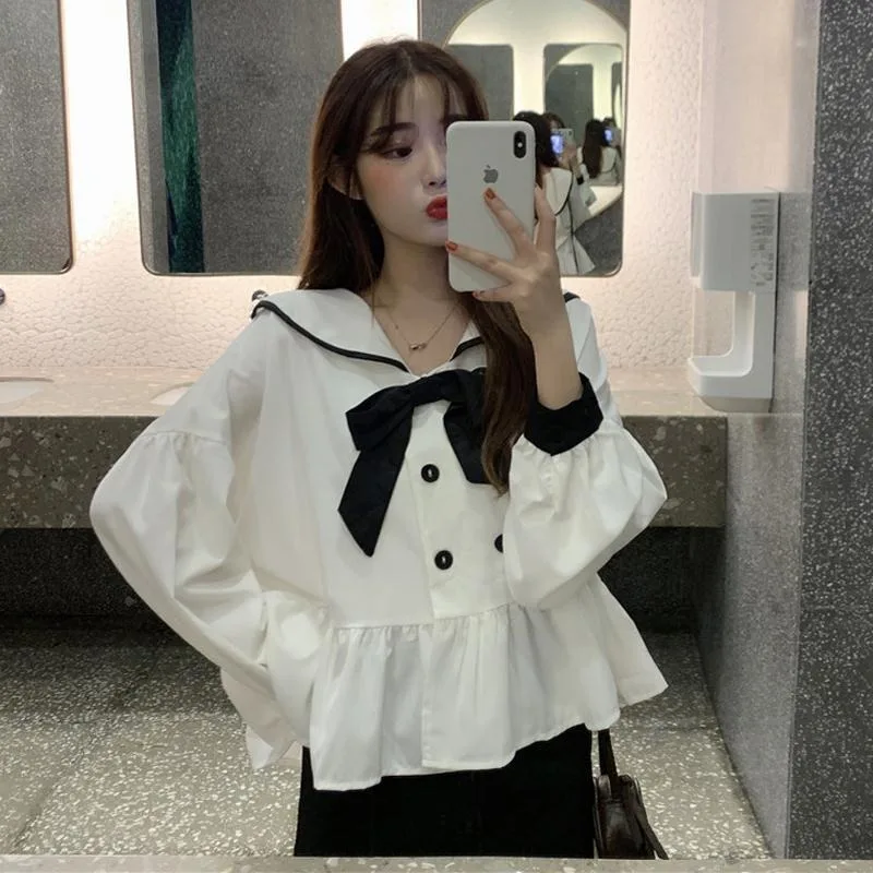 Korean Style Women Shirt Long Sleeve Bow Top Female Autumn Sailor Collar Fashion Woman Blouse 2024 Cute Ruffles Button Clothes