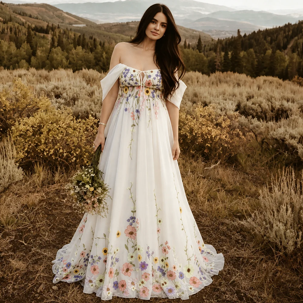 Empire Waist Off Shoulder Colorful Wedding Dress Customized A Line Soft Tulle Fairytale Embroidery 3D Flowers Long Bridal Gowns
