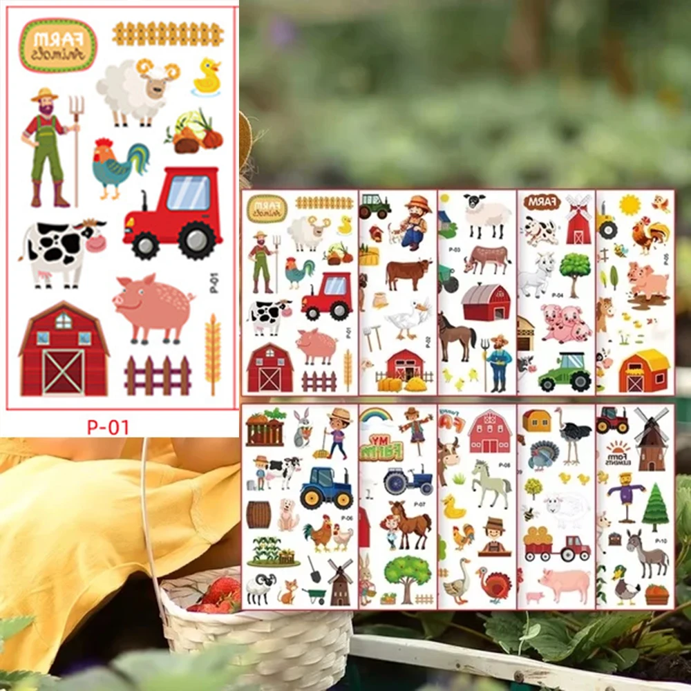 10 stks/set Boerderij Dier Partij Tijdelijke Tattoos Sticker Boerenerf Koe Paard Tractor Varken Schapen Kinderen Verjaardagscadeau Decoraties
