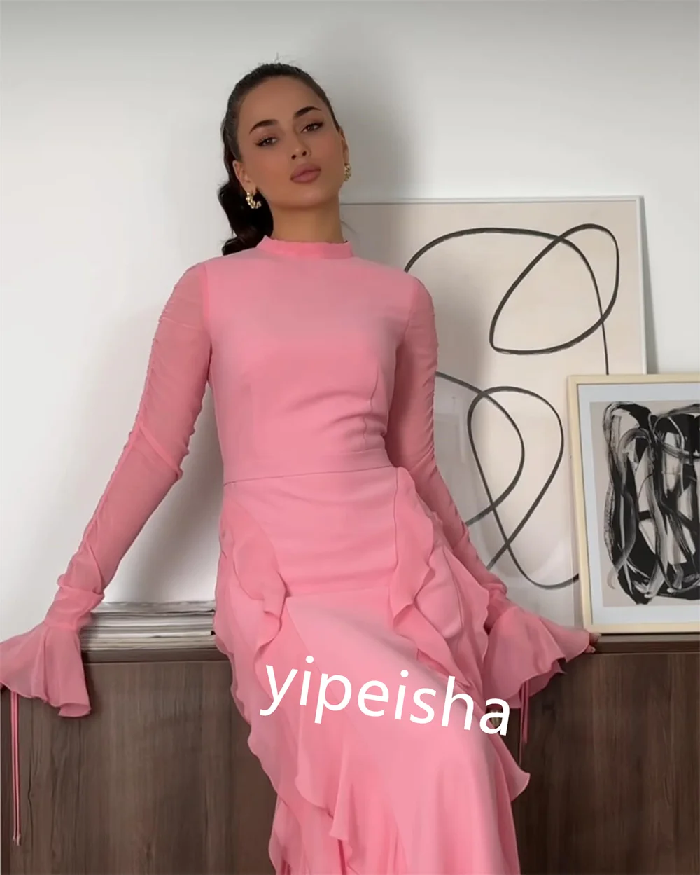 Customized Modern Style Jersey Ruffle Ruched A-line High Collar Midi Dresses Evening Dresses Pastrol Unisex Chinese Style Formal