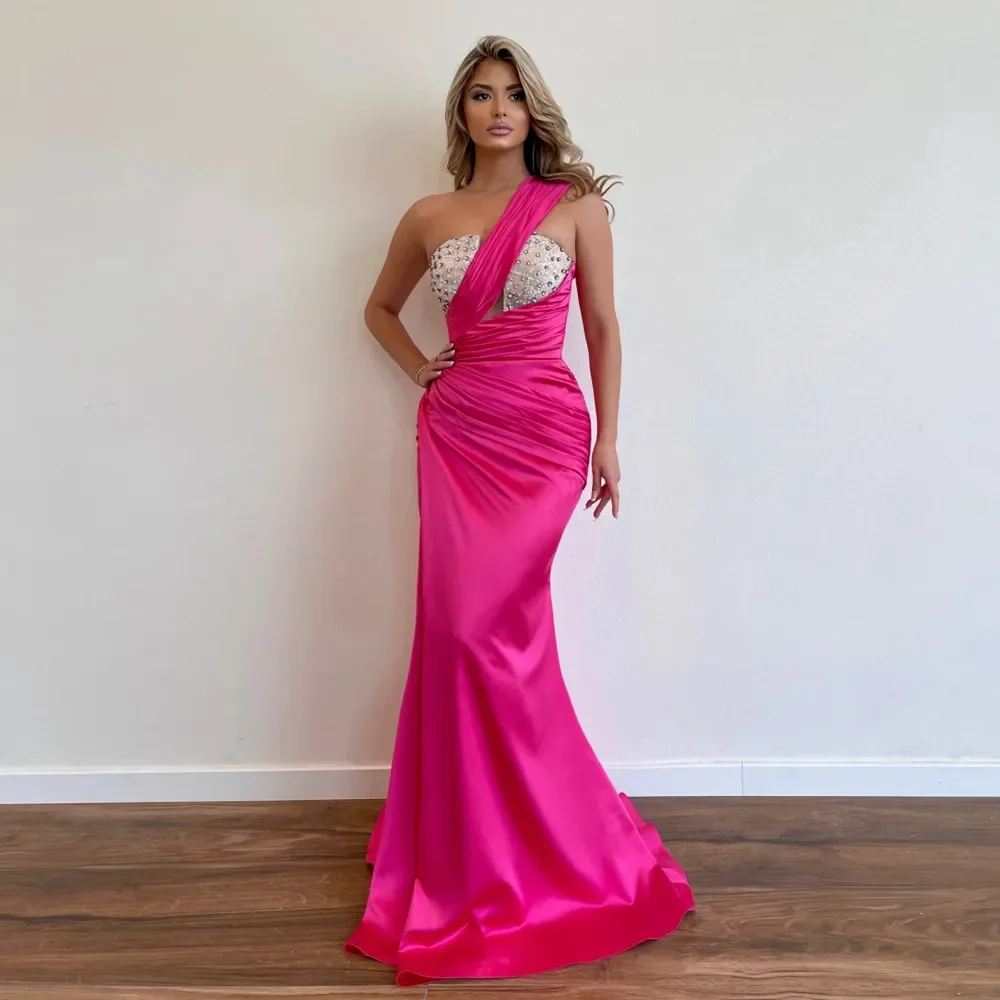 

Customized Exquisite One Shoulder Mermaid Prom Dresses Crystal Sequins Evening Dress Pleat Mermaid Floor-Length Vestidos De Novi