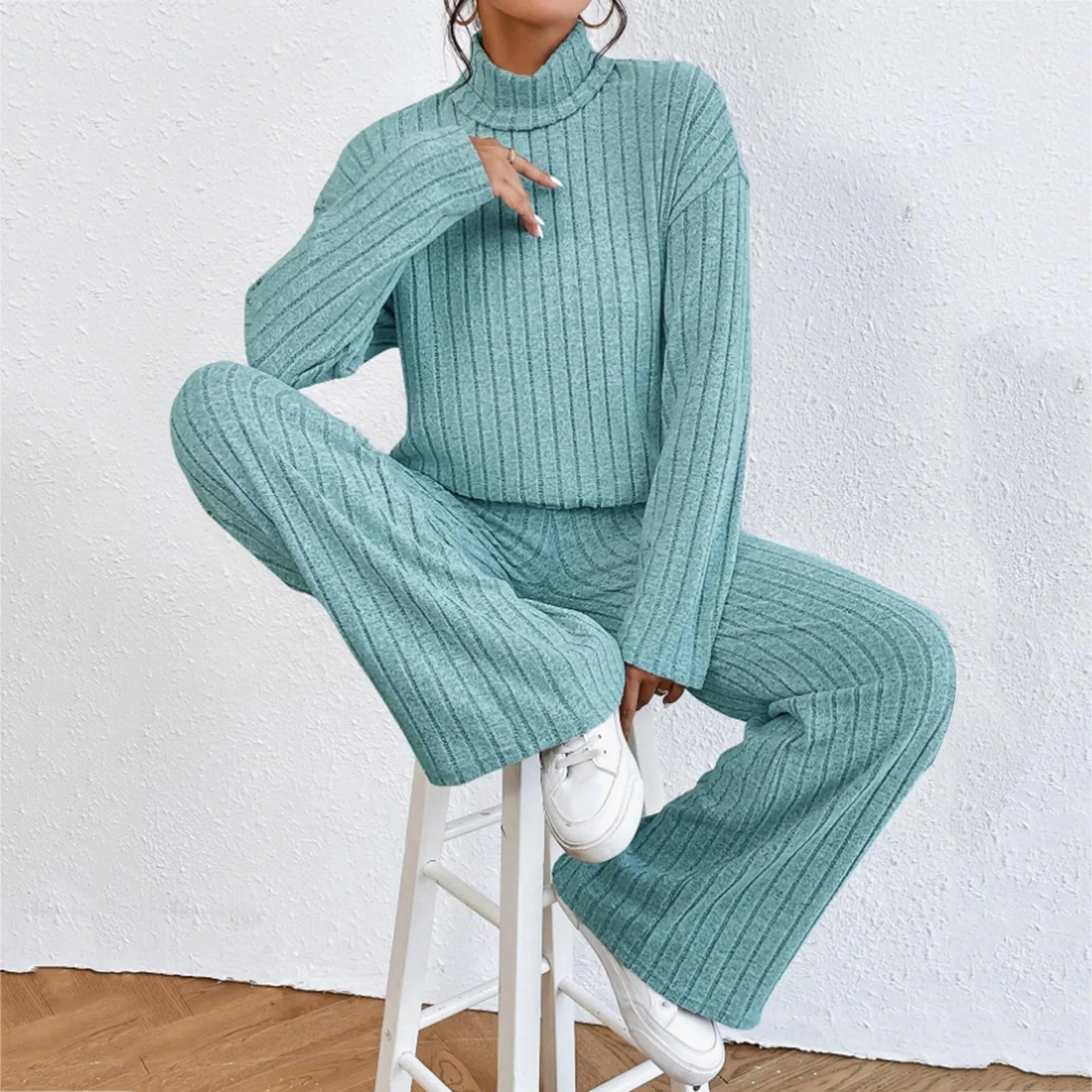 Solid Color Turtleneck Pullover And Straight-Leg Pants Knitted Sets Winter Female Warm Sweater Suits Casual Trousers Outfits