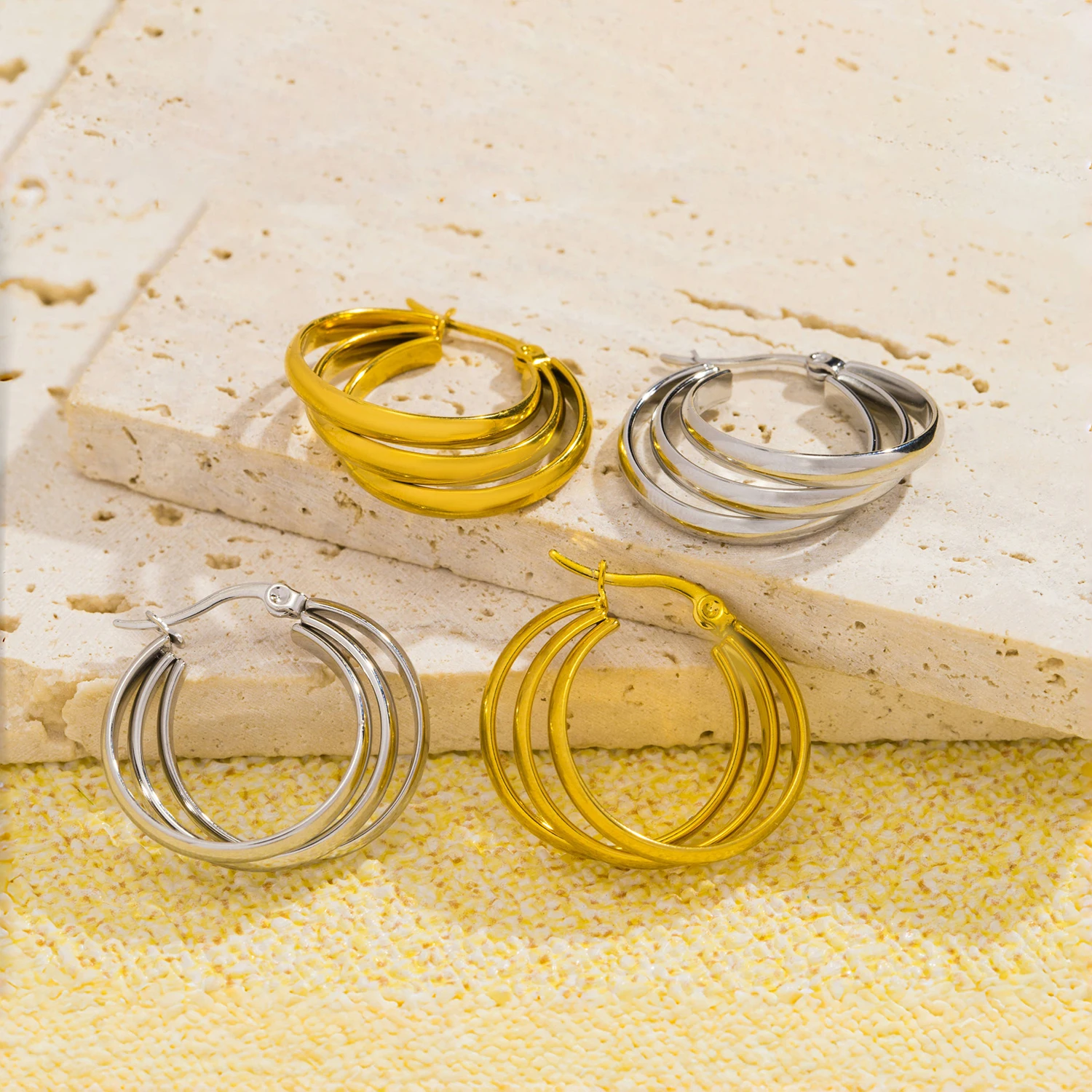 Multilayer Big Hoop Earrings for Women Fashion 18K Gold Plated Stainless Steel Hoops Ear Buckle Jewelry