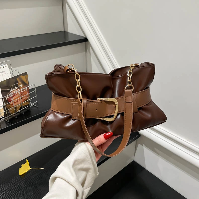 

Высококачественная плиссированная сумка-тоут, однотонная, простая, универсальная, из мягкой искусственной кожи, на плечо, с пряжкой и цепочкой, сумка-багет