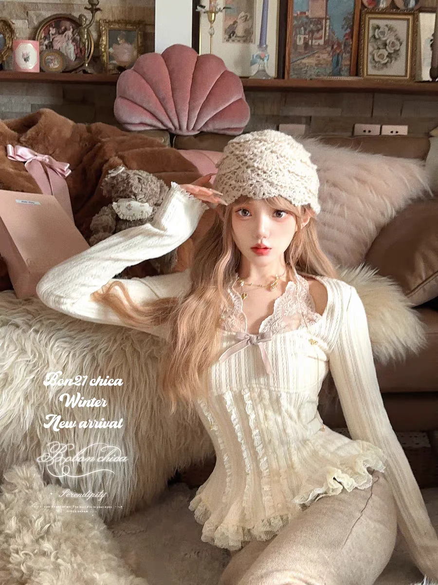 

Princess sweet lolita Shirt bobon21 Frost Fragrance Ode Lace Neck Hanging Fake Two Piece Knitted Shirt T2437