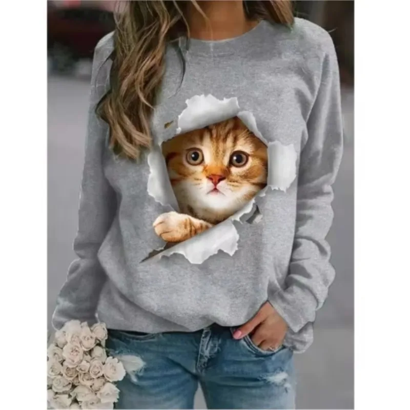 Kawaii Cat Women\'s T-Shirt 3D Print Casual Long Sleeve Tees Oversized Harajuku T-Shirt Clothing Daily Blouse Female Loose Tops