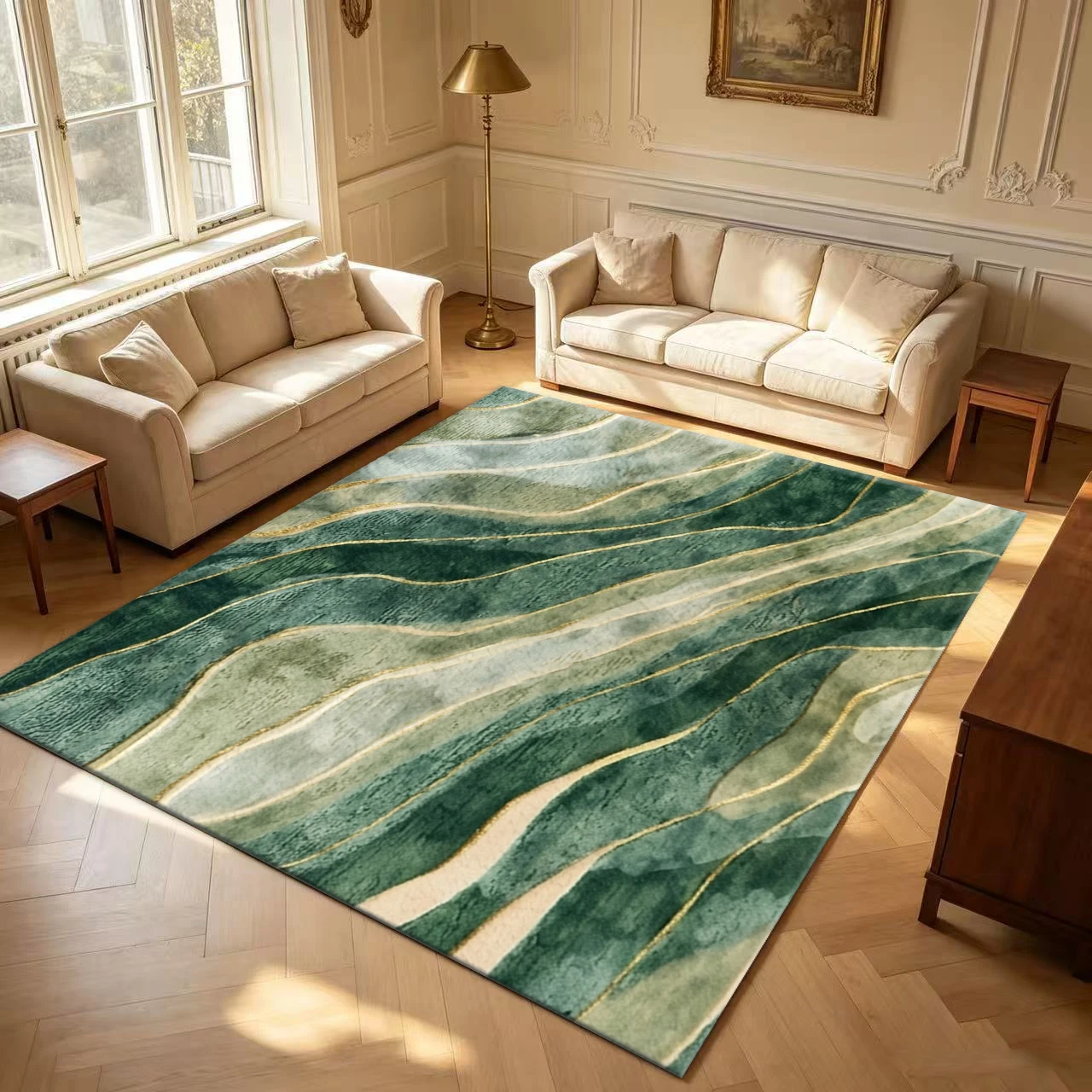 Luxury Marble Abstract Area Rug Green Gold Wavy Texture Art Carpet Indoor Floor Mat for Living Room Bedroom Home Decor