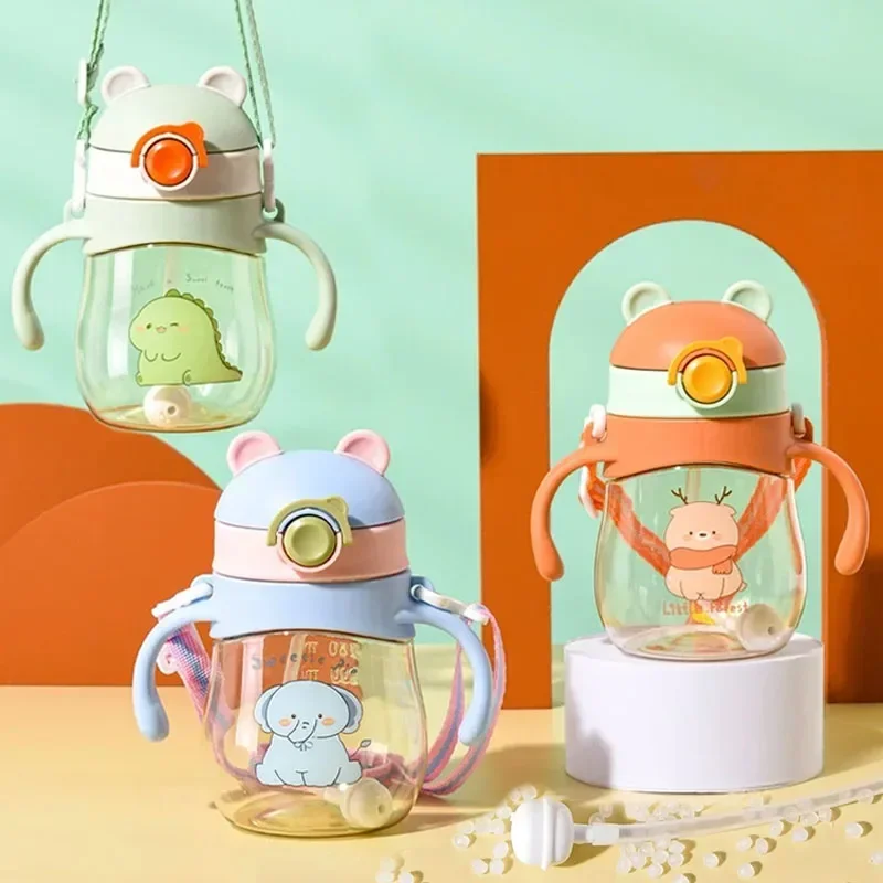 410ML Baby Drinking Cup Feeding Bottle Anti-Choking with Straw Gravity Ball Wide Caliber Drinking Milk Water Bottle with Handle