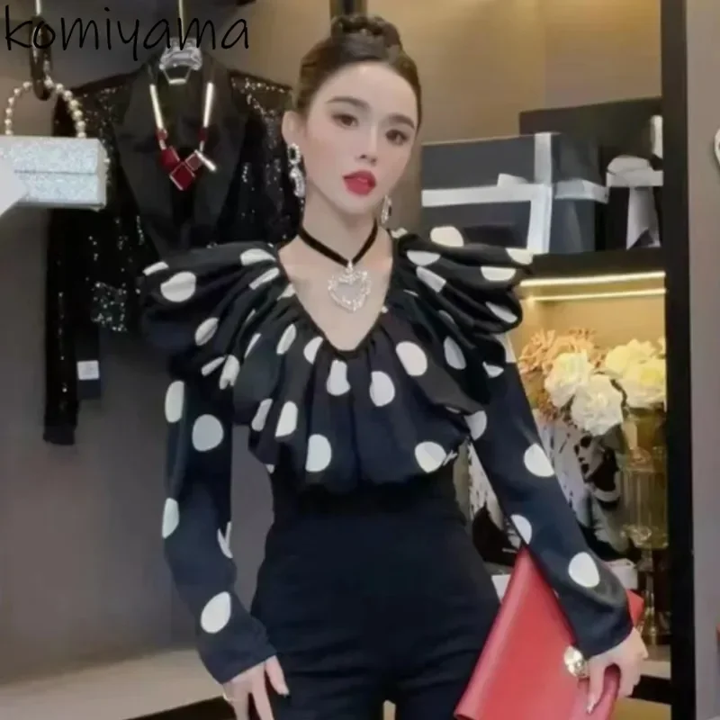 

Hit Color Print 2024 Woman Shirts & Blouses Ruffles V-neck Blusas Long Sleeve Ropa Mujer Autumn New Camisas Women Clothing