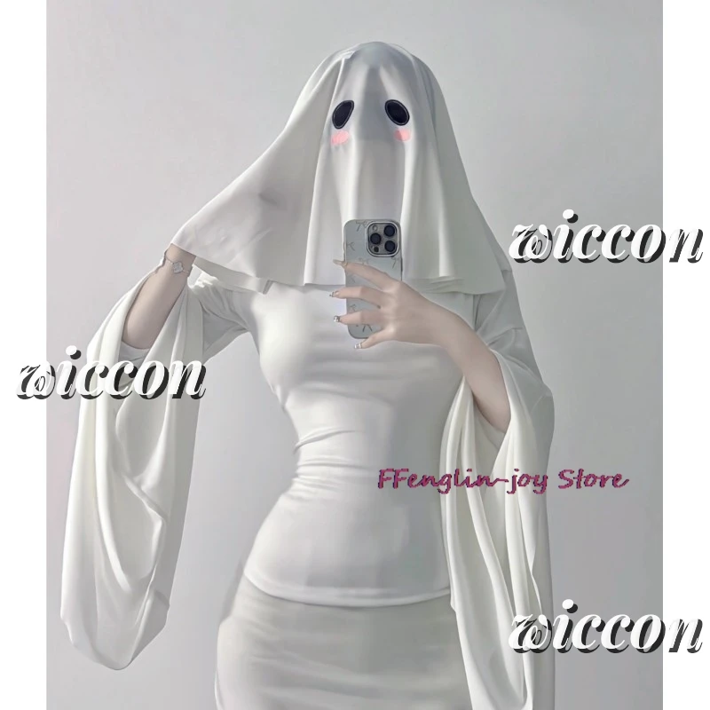 Sexy Schattige Vrouwelijke Ghost Cosplay Kostuum Halloween Schrik Gezicht Cape Schreeuw Kostuum Volwassen Verkleedkleding Halloween Cosplay Kostuum