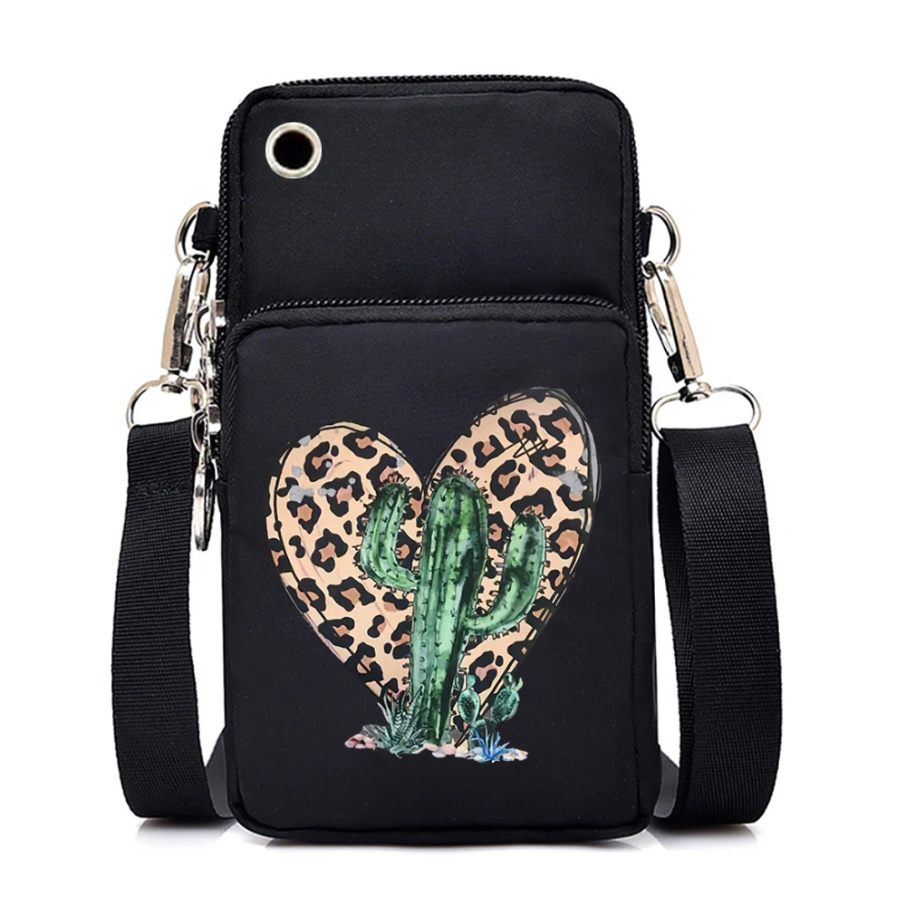 Cactus Leopard Print Shoulder Bag Nylon Women Mobile Phone Bag Mini Female Messenger Purse Lady Wallet Small CrossBody Bag Women