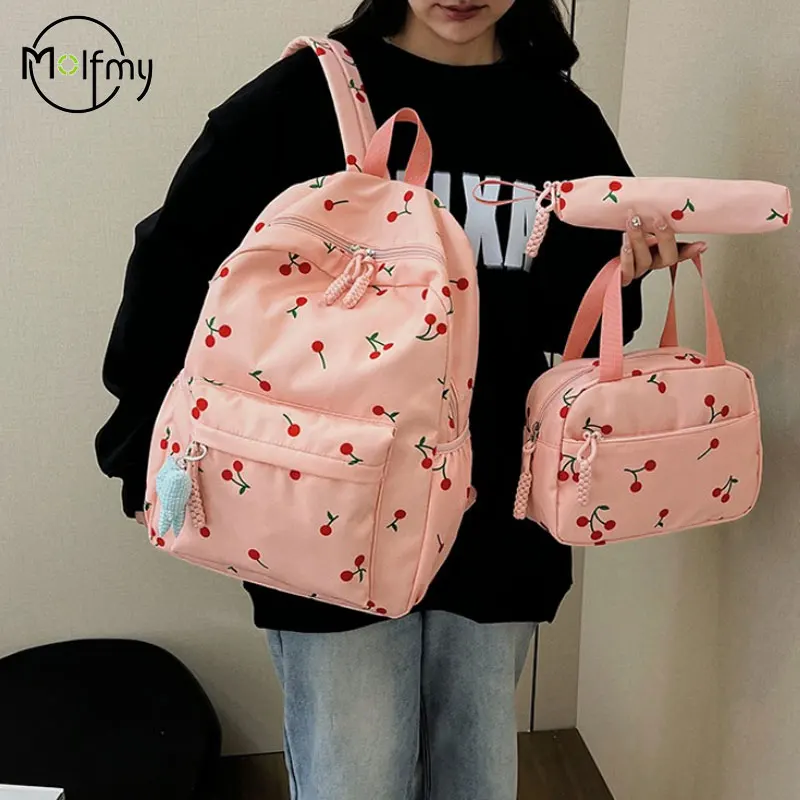 3Pcs Student Backpacks Large Capacity Cherry Backpack Fashion Nylon Schoolbag Lightweight Adjustable Strap Travel Backpack