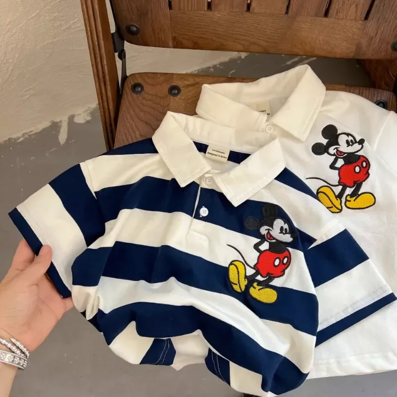 2024 Kids Clothes T-Shirt Summer Baby Boys Girls Mickey Mouse Stripe Lapel Short sleeve Polo shirt Children Cartoon Cotton Tops