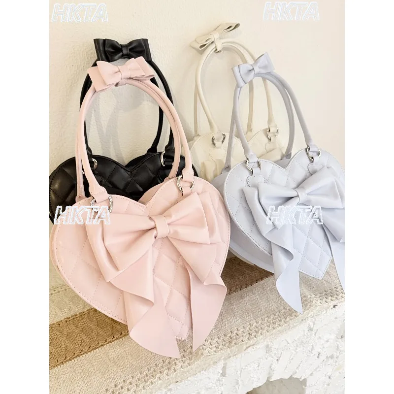 

Original Lolita Handbag Women Sweet Bow Large Heart Bag Fashion Girl Lolita Princess Beautiful Bow Heart Leather Shoulder Bag