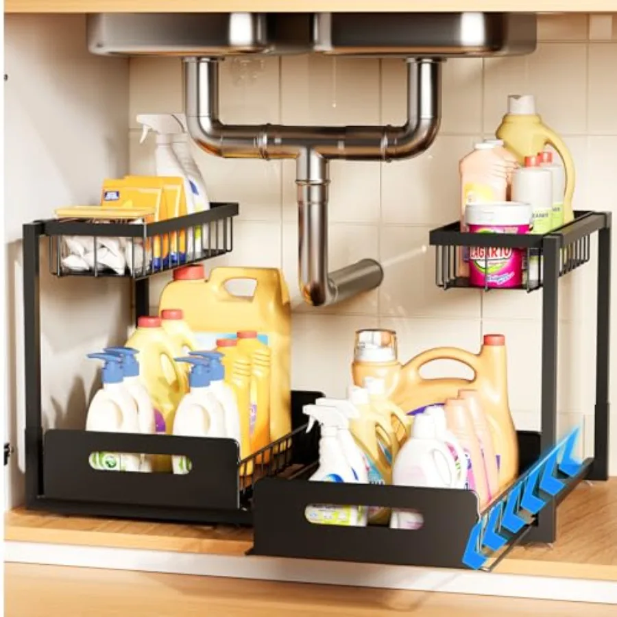 

Under Sink OrganizerMetal Pull Out Cabinet Organizer Shelf Kitchen Bathroom Organizers with Sliding Drawer Storage Shelves Stor