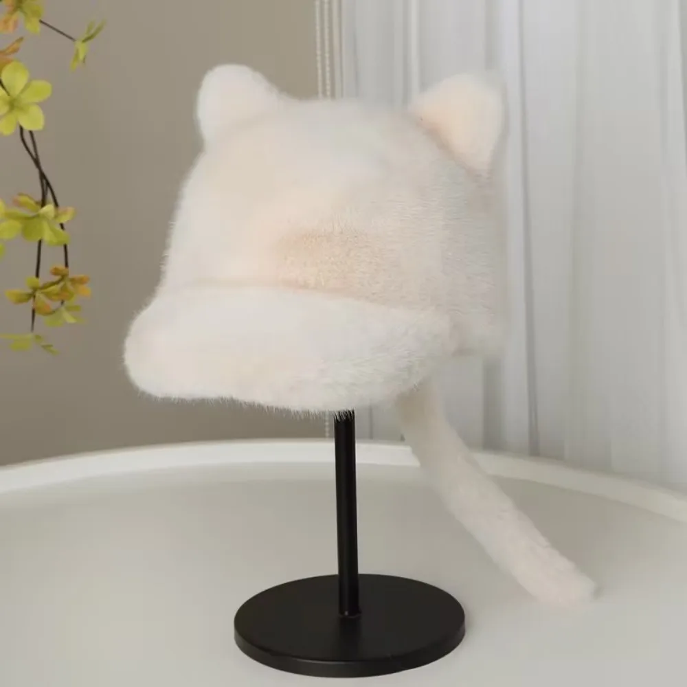 Fashion False Mink Fur Baseball Cap Winter Warm Soft Plush Hat Women Cute Cat Ear Hats Casual Windproof Hat Creative Tail Caps