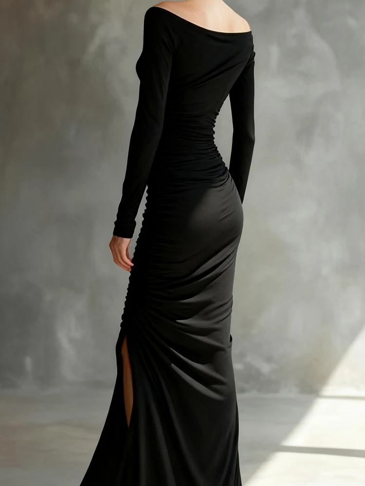 Elegante dame hoge taille split banketjurk temperament slanke jurk met lange mouwen stijlvolle schuine kraag effen ruches avondjurk