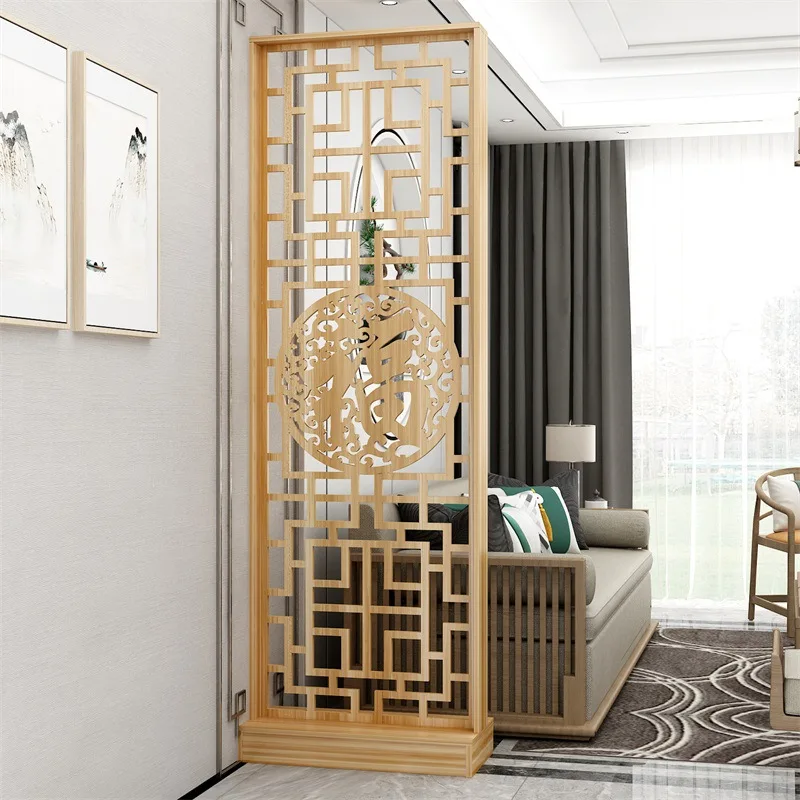 New Chinese style Fu character simple and fashionable living room solid wood screen partition entrance door log color entrance
