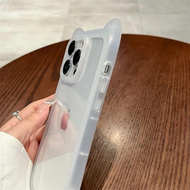 Funda de teléfono linda transparente con orejas de gato y correa colgante para iPhone 16 Pro Max 15 Pro Max 14 13, estilo coquette minimalista protectora 5