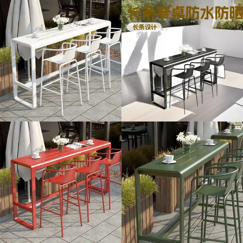 Outdoor Metal High Table and Chair Set Long Dining Furniture for Cafe Milk Tea Shop Home Wall Side