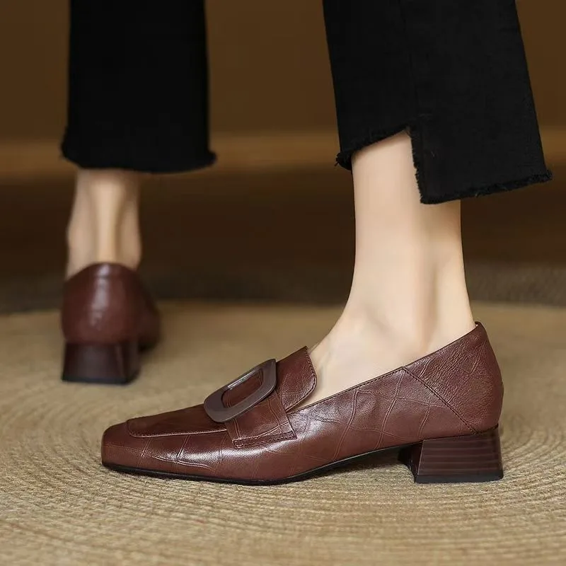 Fashion Square Buckle Designer Ladies Shoes 2026 Spring Retro Solid Color Casual Shoes Daily Office Shopping Ladies High Heels view 3
