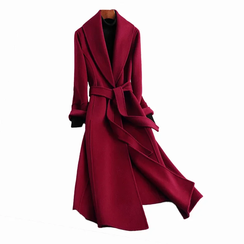 

Autumn Belt 100% Wool Coat Women Elegant Cashmere Long Winter Coat Female Oversized Vintage Spring Winter Jacket Overcoat S3653