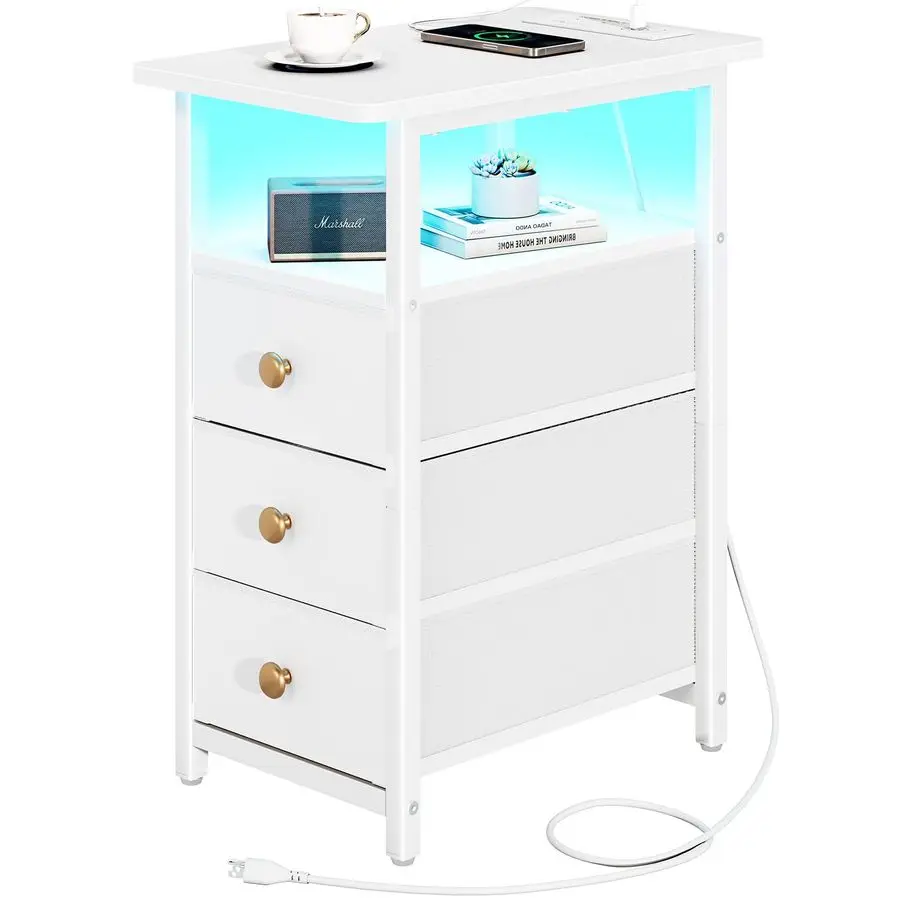 

End Table with Charging Station, LED Narrow Side Table Bedside Table, Small Night Stand End Tables Living Room, Skinny Nightsta