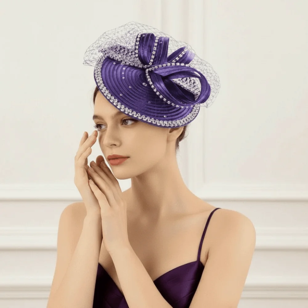 Rhinestone Studded Fascinator Hat Satin Ribbon Detachable Birdcage Veil Headpiece Vibrant Color Bowknot Design Derby Fascinator