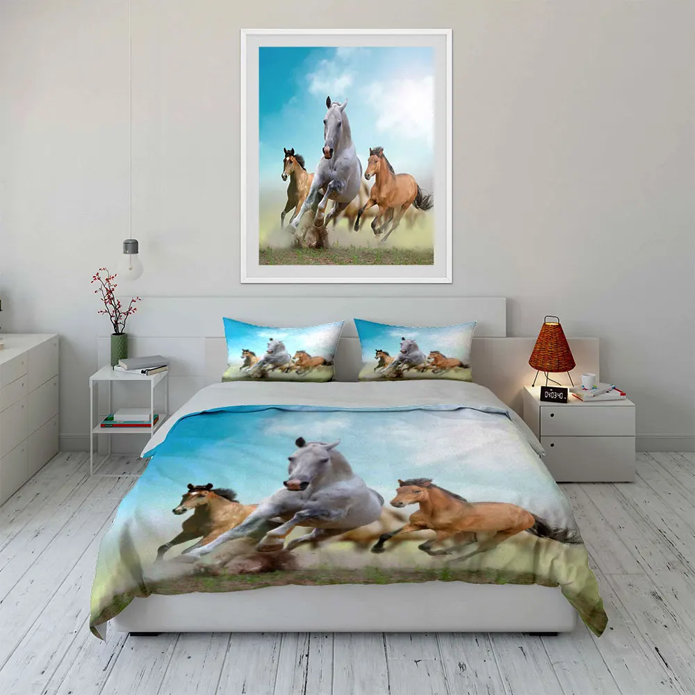 Running horses on grassland Print Soft Comfortable Duvet Cover Bedding Set Included 1*Duvet Cover  2*Pillowcases Luxury gifts