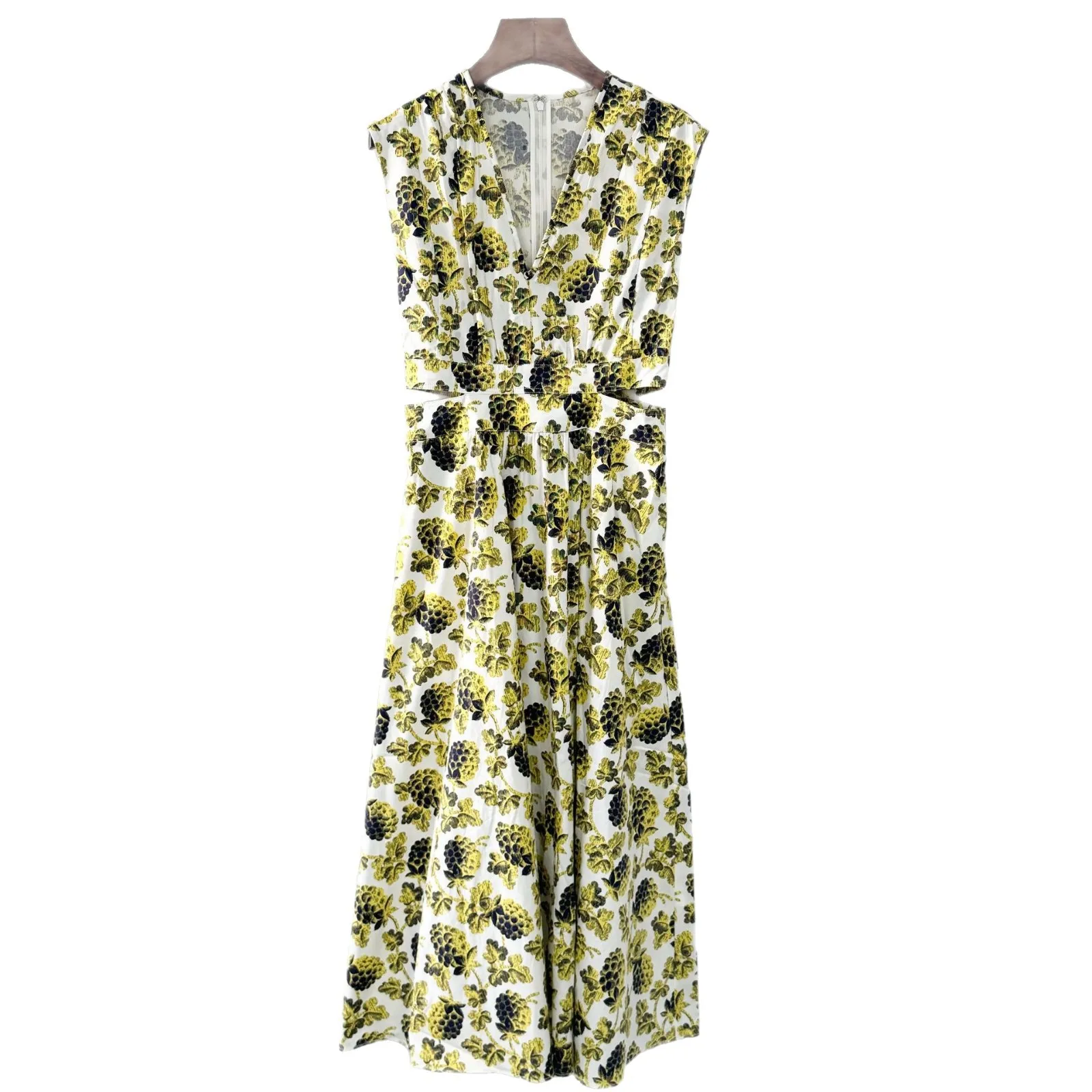 2025 صيف جديد! فستان أصفر للشمس على طراز المنتجع - طباعة بيري، فتحة خصر، بدون أكمام، نهاية عالية