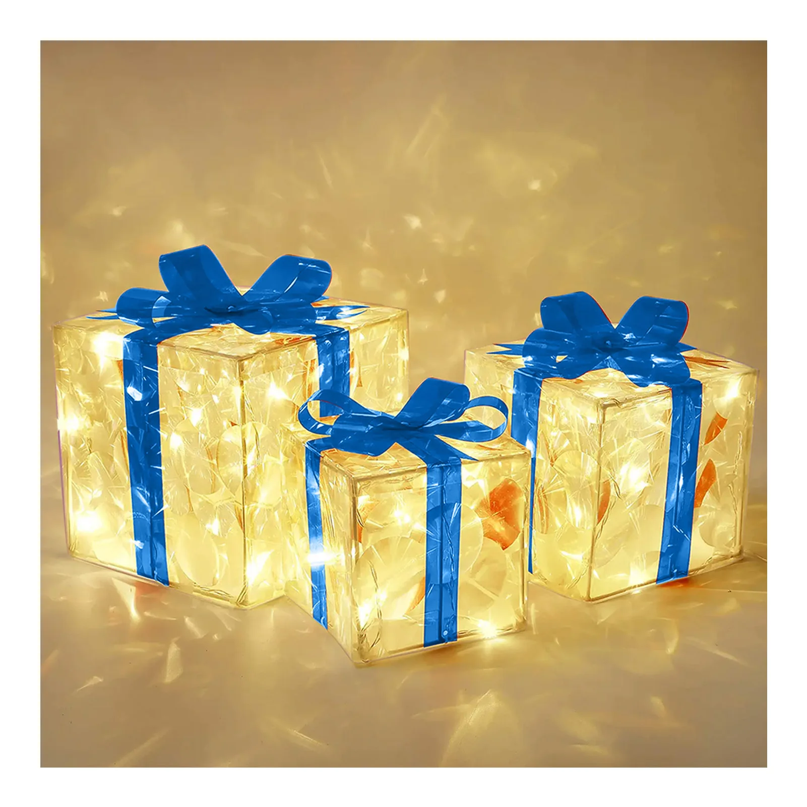 3 Set Christmas Lighted Pop Up Gift Boxes 3 Colors Optional Ribbon Clear Box for Yard and Home Ornament Decor