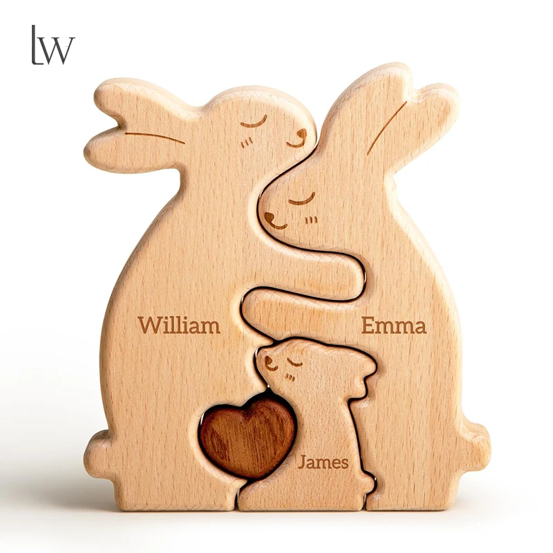 

Персонализированная деревянная головоломка «Милый кролик» с 2-6 именами, скульптура семьи кроликов, декор для дома, подарок, деревянное украшение в виде животного
