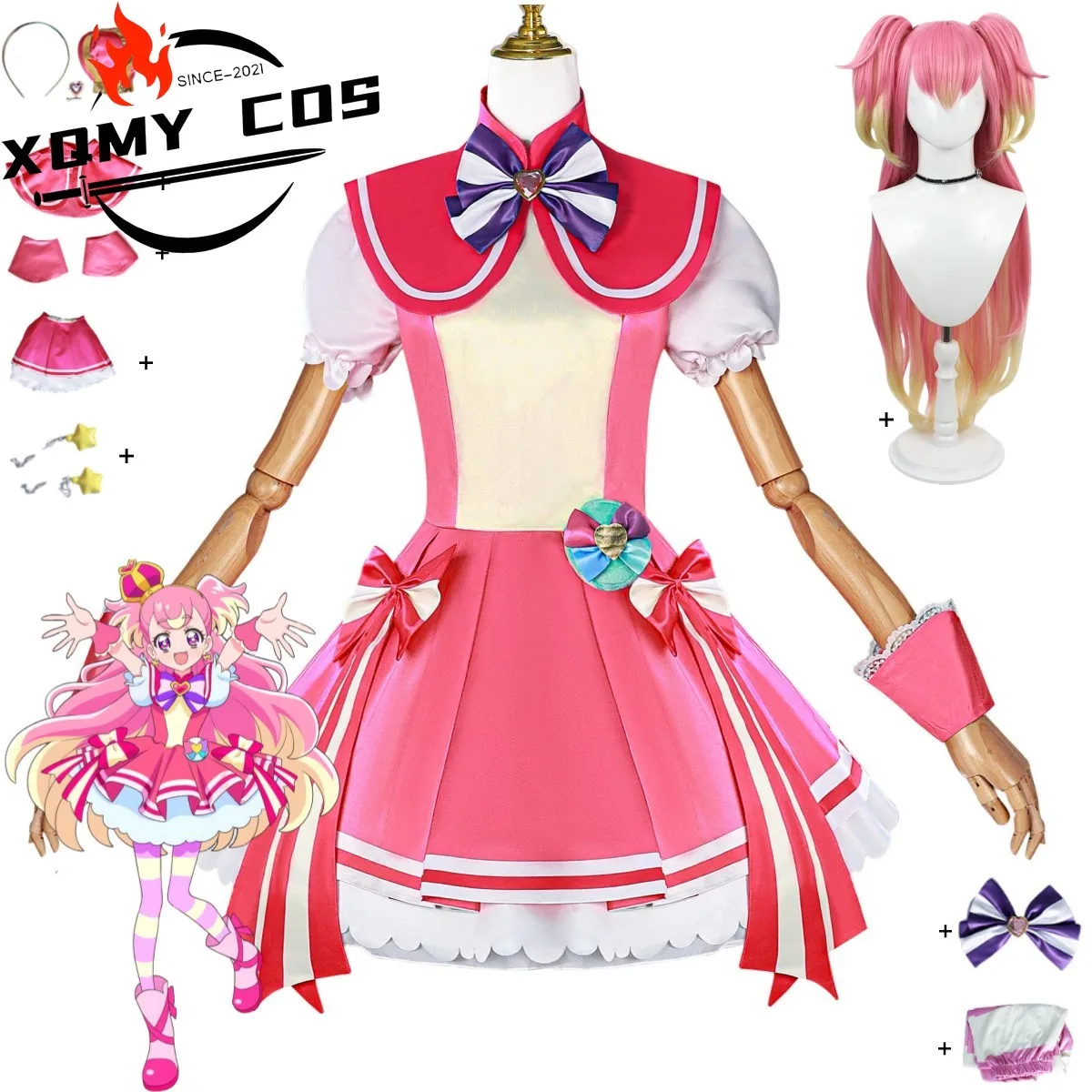 

XQAnime Pretty Cure Inukai Komugi Косплей Костюм Розовое платье принцессы Юбка Лолиты Парик Женский сексуальный милый костюм для дня рождения