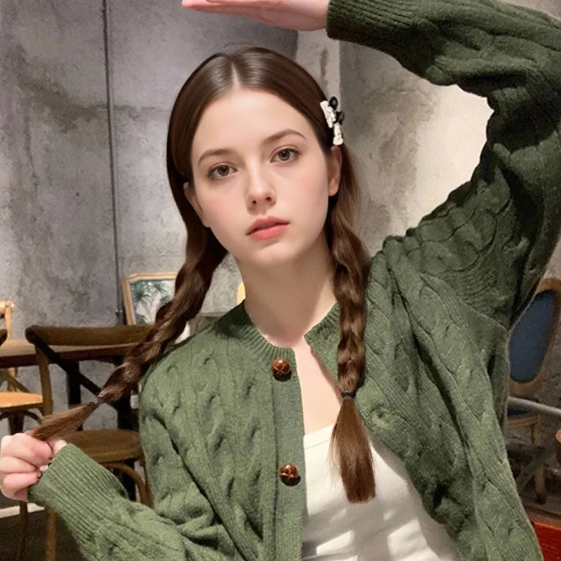 

Синий темпераментный женский вязаный кардиган с круглым вырезом и пуговицами, весенне-осенний милый и милый свитер с длинными рукавами