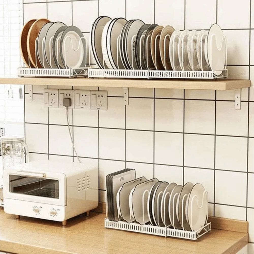 

Расширяемая полка для посуды из углеродистой стали, волнистая бытовая полка для хранения крышек для кастрюль, регулируемая полка для кухонной утвари для дома