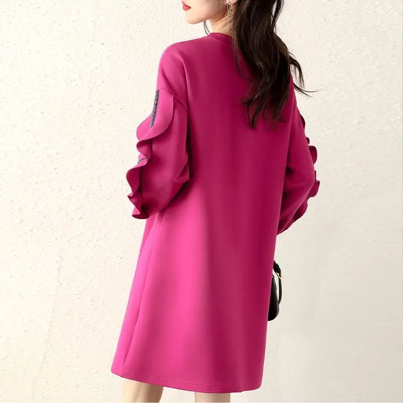 Spring Autumn New Simple Fashion Versatile Long Sleeve Medium Long Dress Lotus Leaf Sleeve Hoodie Rose Red Dress for Women