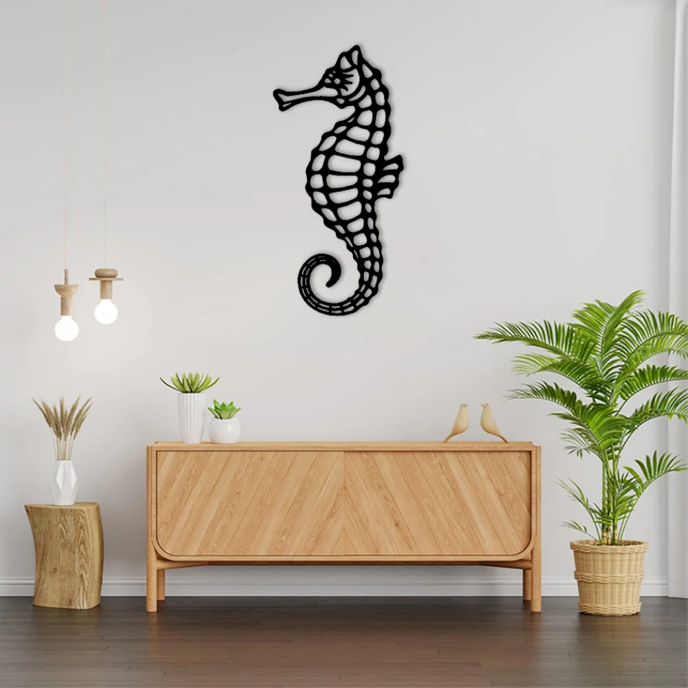 30x14cm Seahorse Coastal Ocean Beach Metal Art Steel Wall Decor, Matte Black Wall Hanging Decor Wall Art for Home Bedroom Living