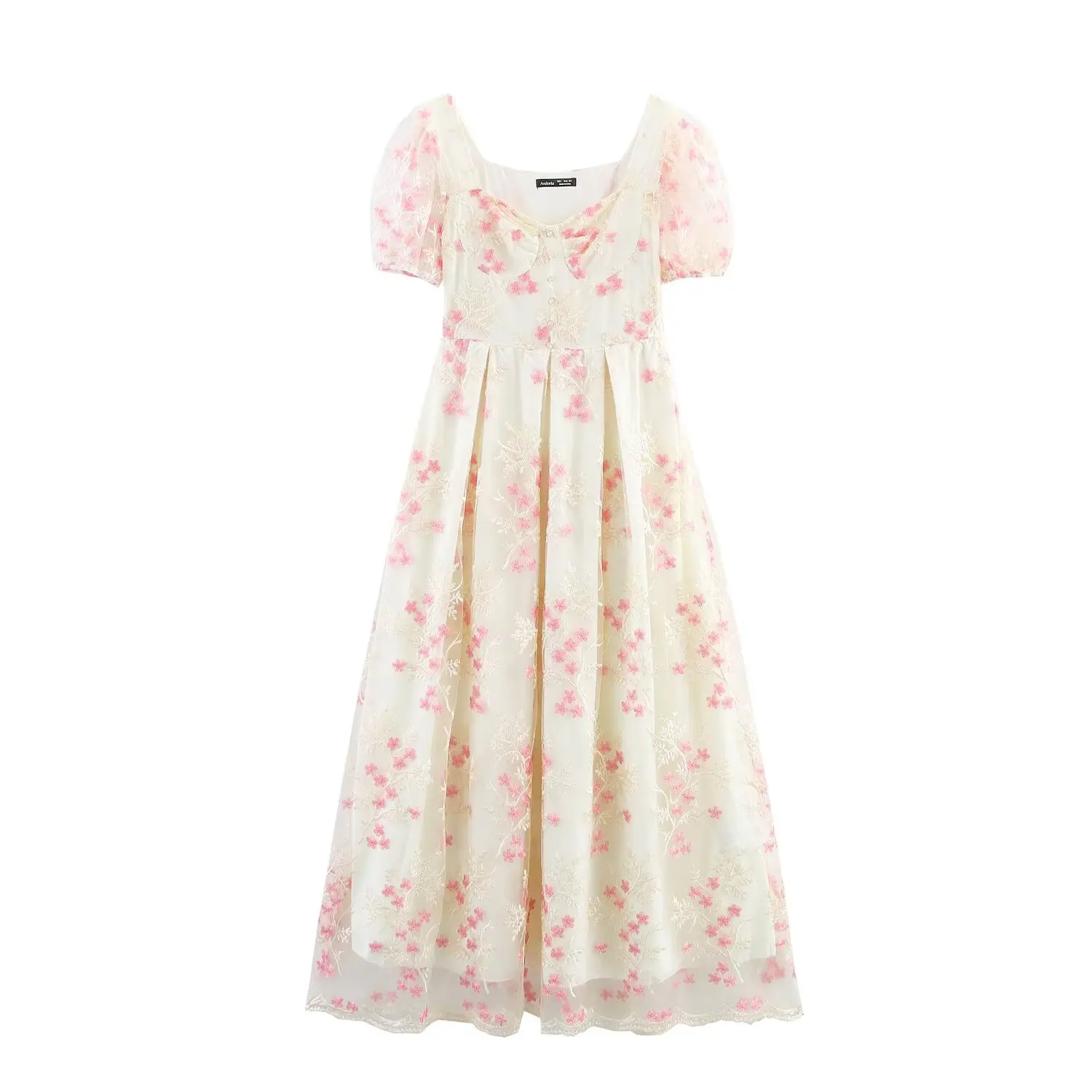 ZBZA ربيع جديد للسيدات تصميم عصري مطرز بأكمام فقاعية تنورة طويلة أنيقة عالية الخصر من البوليستر فستان الأميرة الخيالية