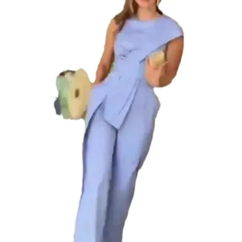 Jumpsuits Dames Eendelig Blauw Onregelmatigheid Elegante werkbroek Mouwloze overalls Wijde pijpen Lange broek Rompertjes Slim Fit Casual