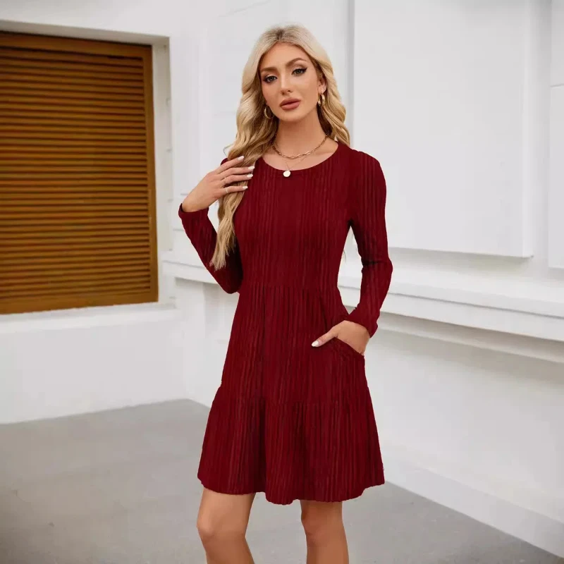 Vestido de manga larga tipo suéter informal hasta la rodilla con bolsillo y cuello redondo para mujer popular