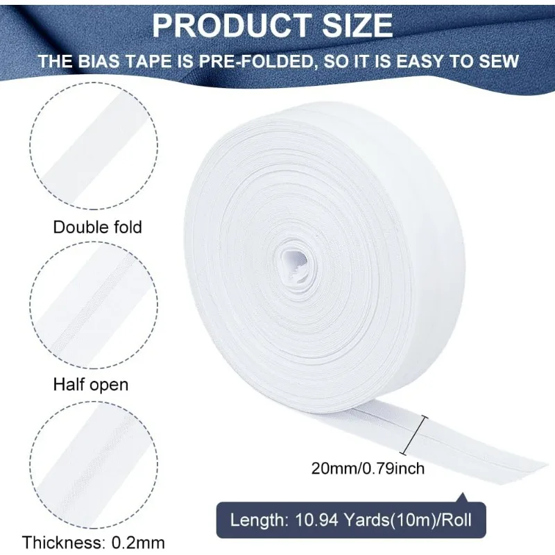 10.94 Yards Single Fold Bias Tape 3/4 inch Wide White Bias Binding Tape Hemming Tape for DIY Garment Sewing Seaming Piping