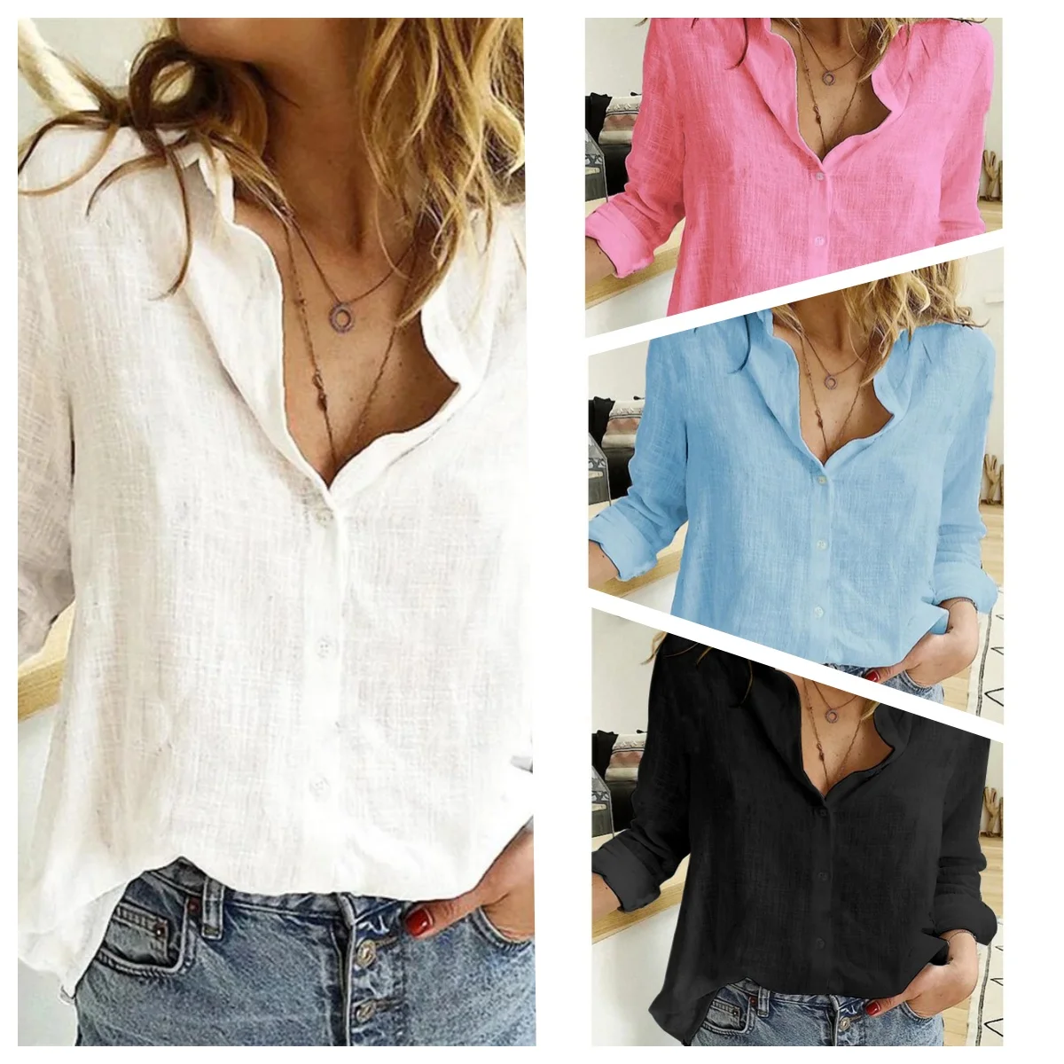 Die alle Jahreszeiten Damen-Hemden, Frühlings-Baumwoll-Leinen-Hemden, lässig, einfarbig, Knopfleiste, Revers, Blusen, lange Ärmel, locker, elegant, Komfort – 5XL