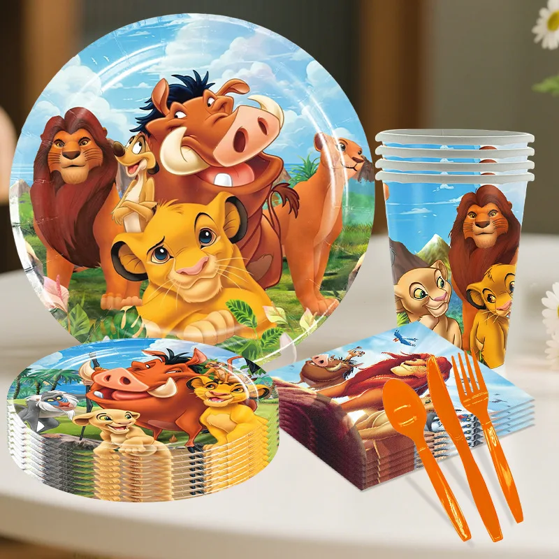 Décorations de fête d'anniversaire pour garçon Le Roi Lion Simba, gobelets, assiettes, serviettes, nappe, ensemble de décoration, fournitures pour baptême de bébé