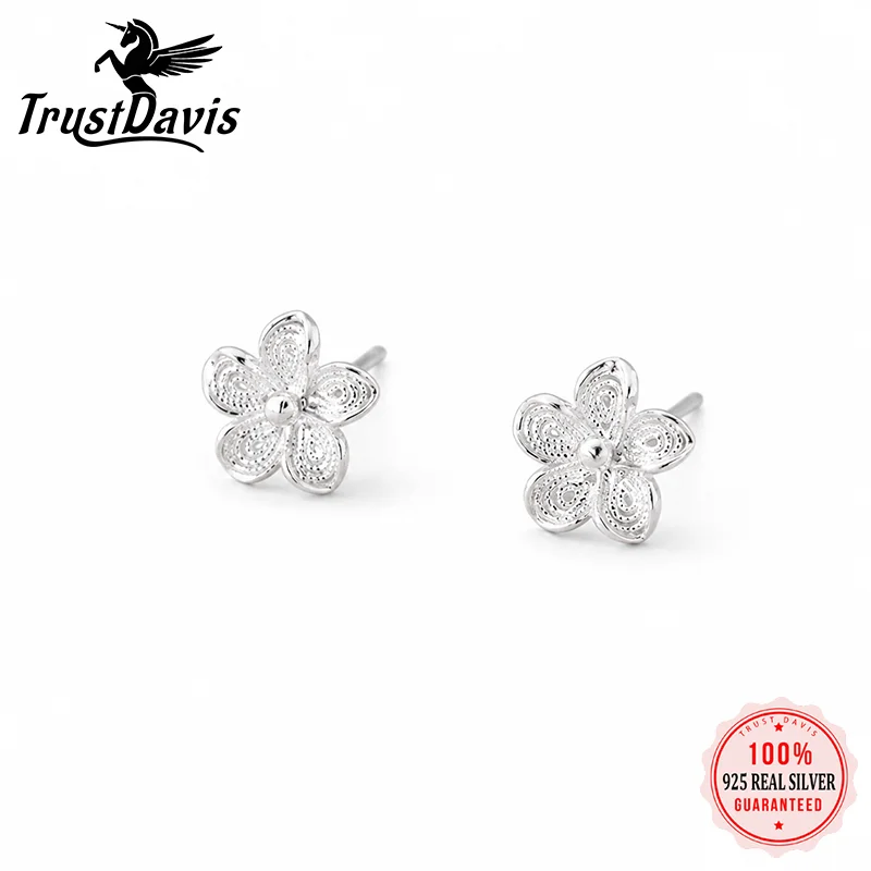 TrustDavis Real 925 Sterling Silver Fashion and Elegant Hollow Woven Flower Earrings for Women Daily Wear Jewelry Gift DS4964