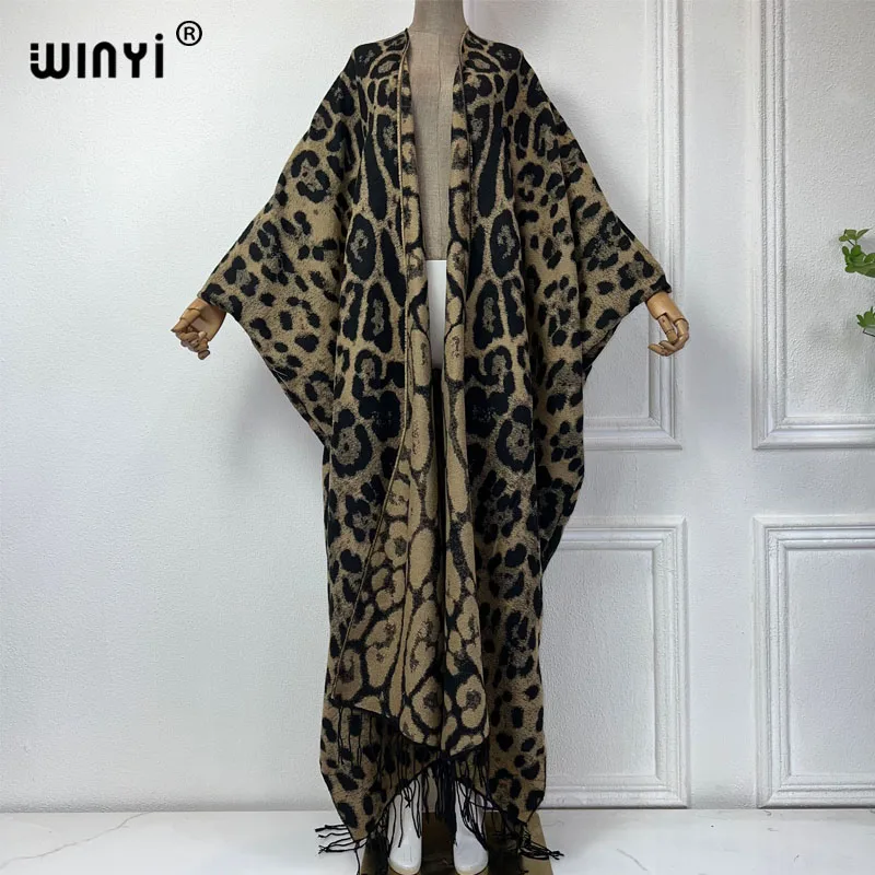 WINYI zimowy płaszcz damski klasyczny wzór w cętki kardigan z frędzlami gruby ciepły długi płaszcz europa kurtka moda abaya kimono