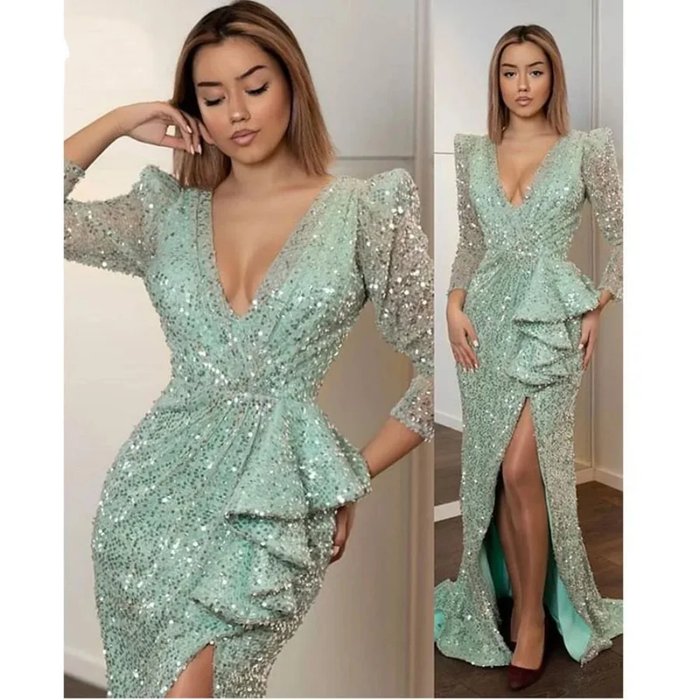 Nieuwe Luxe Prom Dress V-Hals Lange Mouwen Vrouwen Speciale Avondjurk Side Split Zeemeermin Vloer-Length Sparkly Feestjurk